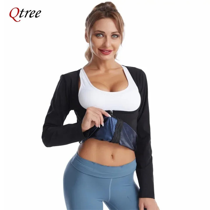 Qtree Sauna Suit Shirt for Women Weight Loss Sweat Jacket Long Sleeve Slimming Body Shaper Fitness Zipper Workout Waist Trainer