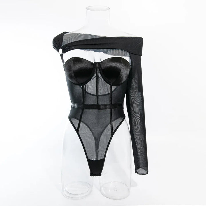 Lady Sexy Single Shoulder Sleeve Shapewear Chest Gathered Cotton Splicing Mesh Underwear Women's Black Hollow Backless Jumpsuit