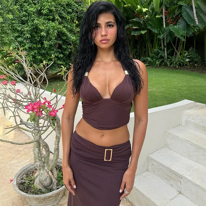 Purple Skirts Two Piece Sets Summer Holidays Party Outfits 2025 New Sexy Halter V-neck Tops and Irregular Mini Skirts Suits