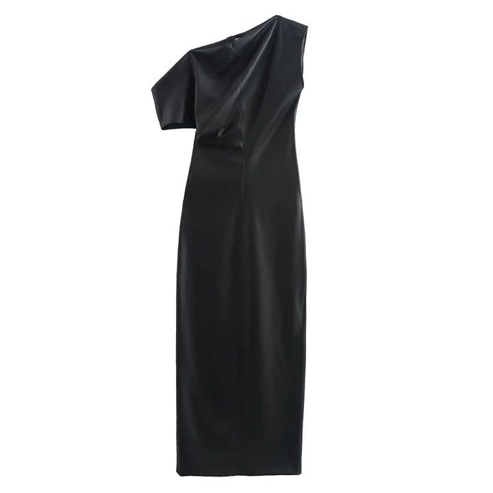KAOPU ZA Women draped faux leather midi dress vintage flowing neck asymmetric sleeves female dresses mujer
