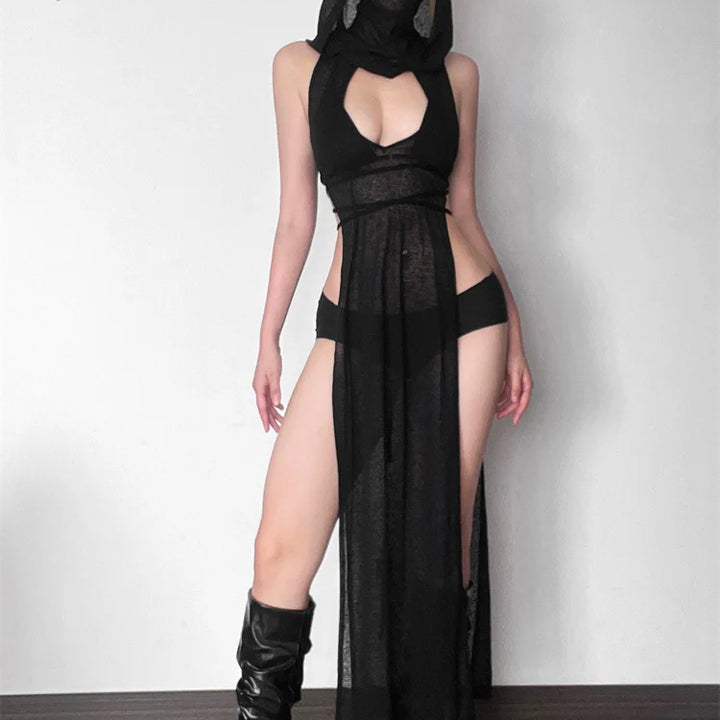 nibber 2024 Summer High Street Travel Cool Confident Black Mysterious Sexy Open Avant-garde Sexy Hot Cool Women's Hooded Dress