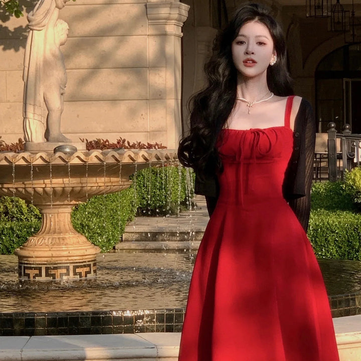 French Elegant White Strap Midi Dress 2023 Summer New Casual Evening Party Dress Women Beach Sleeveless Lace-up Red Dress Korean