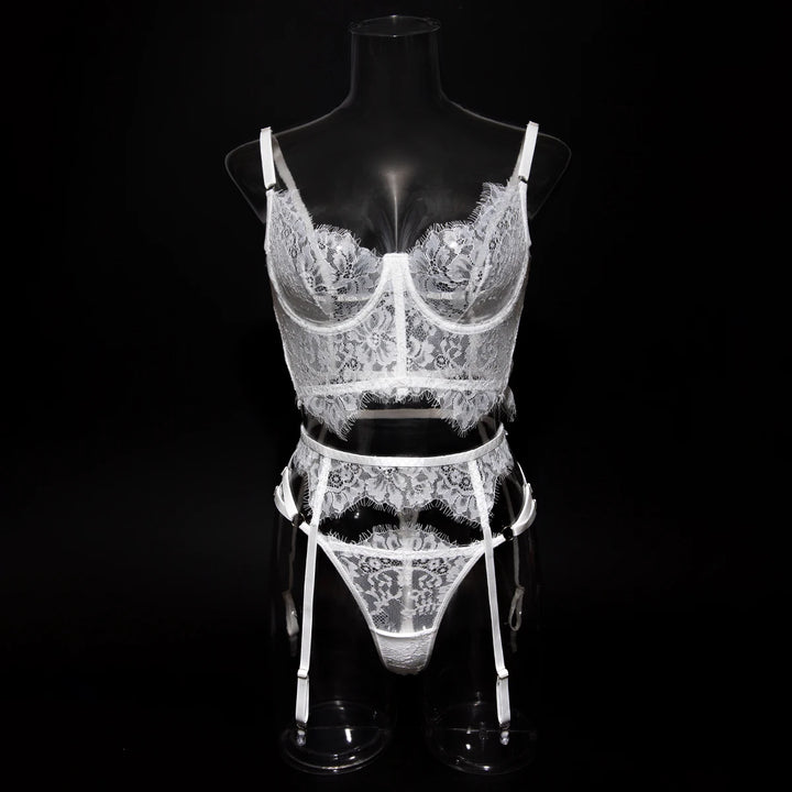 Krasapt Black Lace Hollow Out Sexy Lingerie 3Pcs Sets Mesh Embroidery Backless Bra And Panties Garter Outfits Sensual Erotic Set
