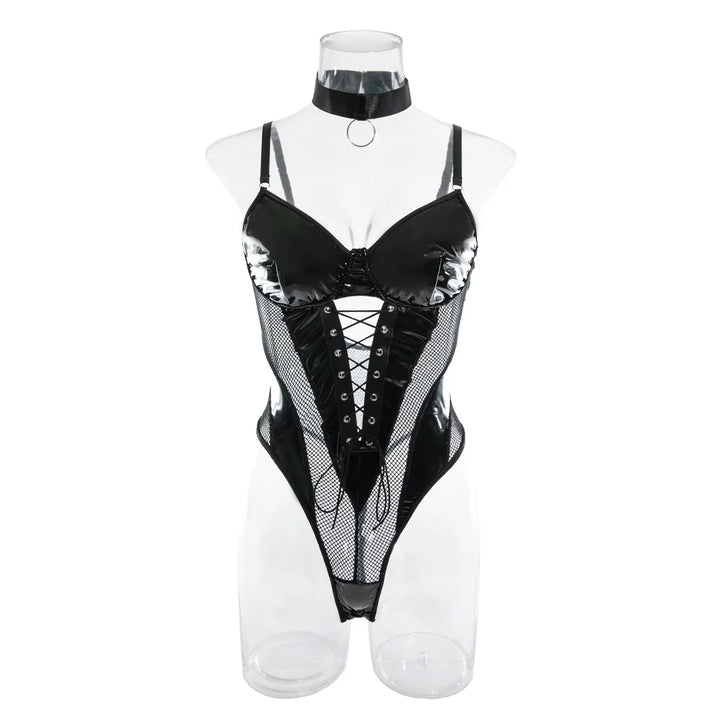 Koltailace  Latex Bodysuit Sexy Lace Up Hollow Tops Black Patchwork Fetish PU Body Sissy Leather Crotchless Tight