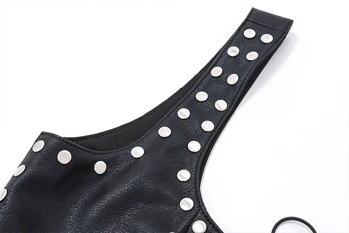 WhereMery Gothic PU Leather Bandage Tank Top Y2K Sexy Multi Rivet Backless Crop Tops 2024 Summer Punk Rock Evening Club Camisole