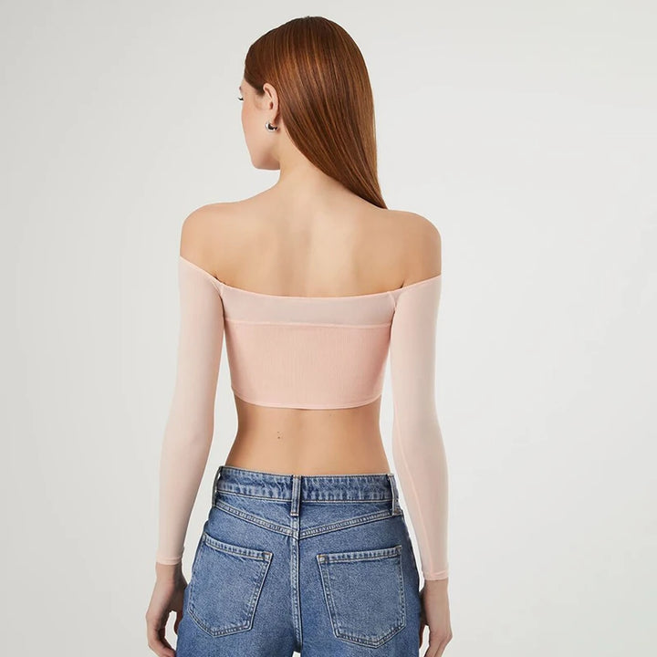 Sexy Black T-shirt Women Autumn New Streetwear Long Sleeves Slash Neck Simple Tees Casual Fashion Mesh Patchwork Basic Crop Top