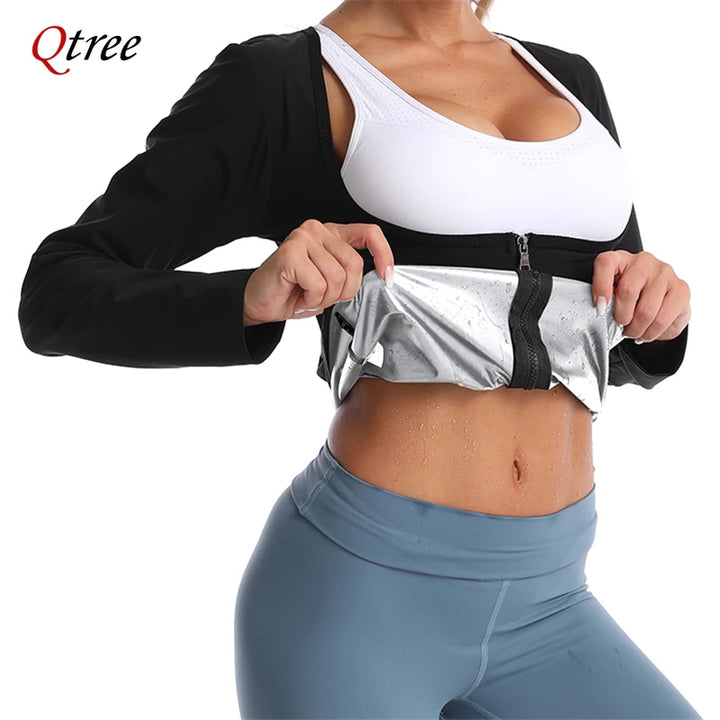 Qtree Sauna Suit Shirt for Women Weight Loss Sweat Jacket Long Sleeve Slimming Body Shaper Fitness Zipper Workout Waist Trainer