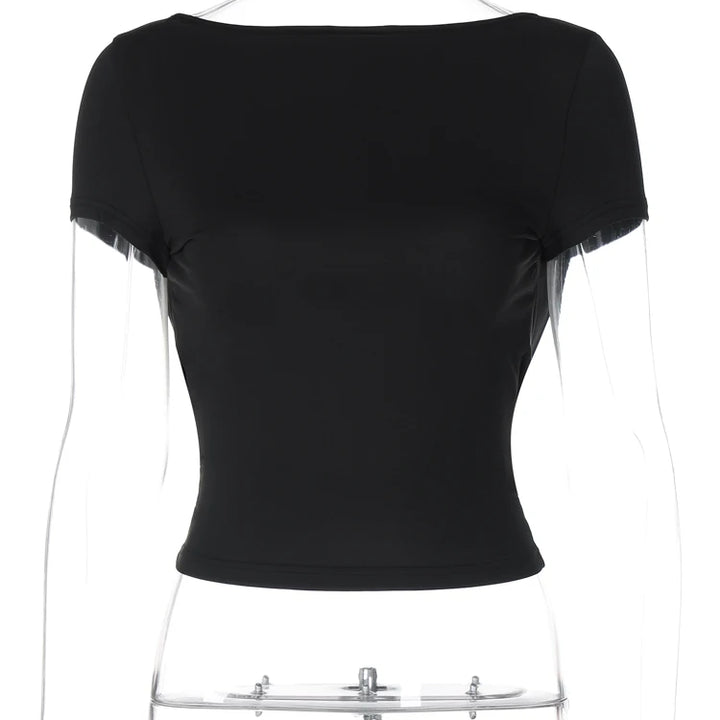 Hugcitar 2024 Spring Short Sleeve Backless Transparent Slip Sexy Slim Crop T-Shirt Top Women Fashion Clothes Vacation Nightclub