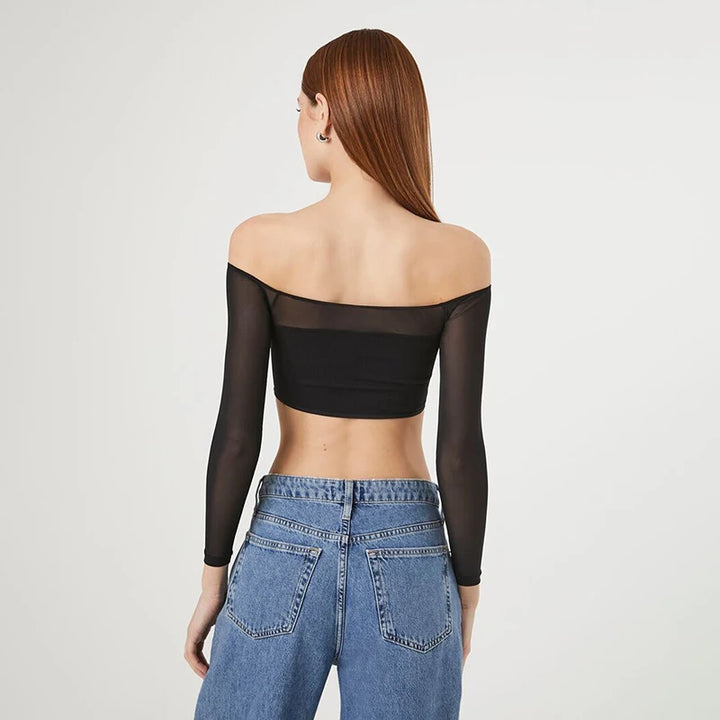 Sexy Black T-shirt Women Autumn New Streetwear Long Sleeves Slash Neck Simple Tees Casual Fashion Mesh Patchwork Basic Crop Top