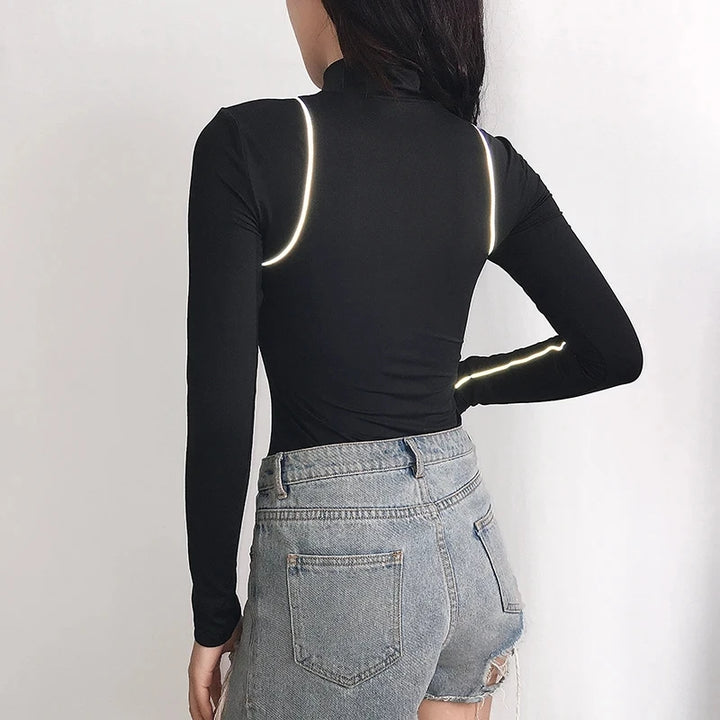 Women's Tight Bottoming Sexy Body T-Shirt Long Sleeve Bodysuit Women Personality High-Neck Reflective Zipper One-Piece Tops