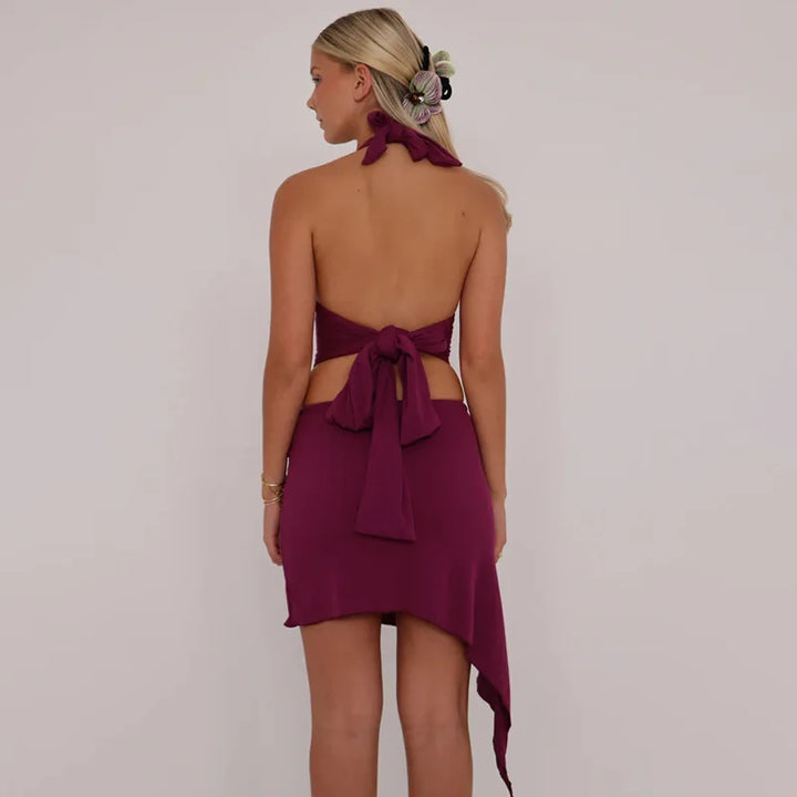 Purple Skirts Two Piece Sets Summer Holidays Party Outfits 2025 New Sexy Halter V-neck Tops and Irregular Mini Skirts Suits