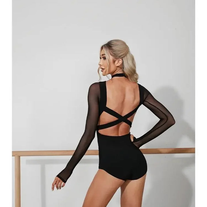 Women Latin Dance Body Top Black Mesh Conjoined Backless Cross Belt Pair It with Dance Dress Lingerie Training Performance