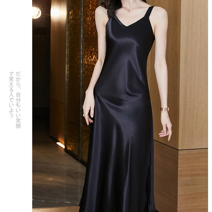 #4938 Sleeveless Spaghetti Straps Midi Satin Dress Women Solid Color V-neck Sexy A-line Party Dresses Women Evening Summer 2024