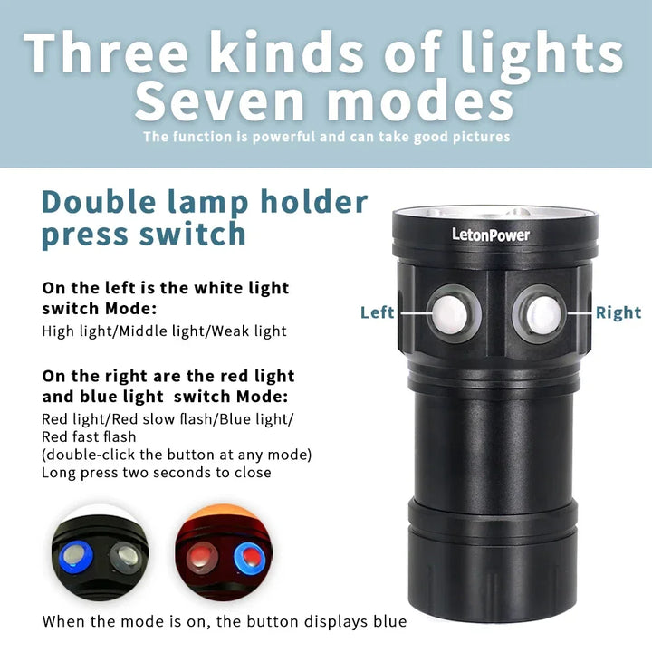 Professional Underwater Photography Light Highlight 20000Lumens Diving Flashlight Underwater 100M Waterproof Video Fill Light