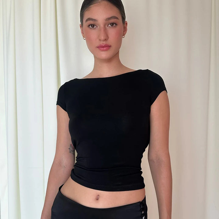 Hugcitar 2024 Spring Short Sleeve Backless Transparent Slip Sexy Slim Crop T-Shirt Top Women Fashion Clothes Vacation Nightclub