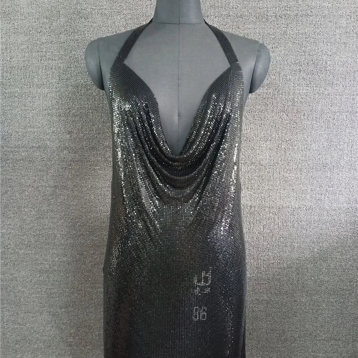 Glitter Metal Sequins Mini Dress Women Sexy Deep V Neck Backless Side Split Dress Rave Festival Nightclub Party Evening Dresses