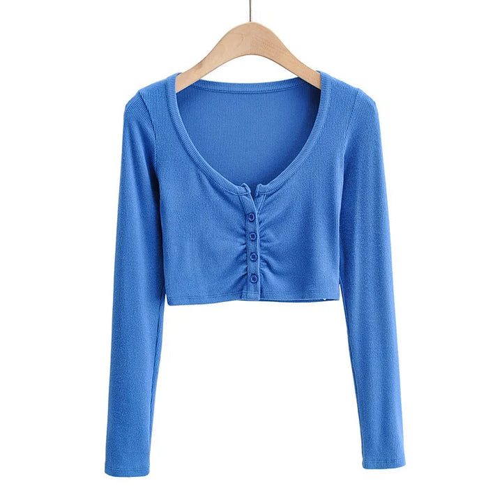 Slim V-neck Long Sleeve Bottomed Womens Tops And Blouses High Street Solid Color Open Navel Cardigan