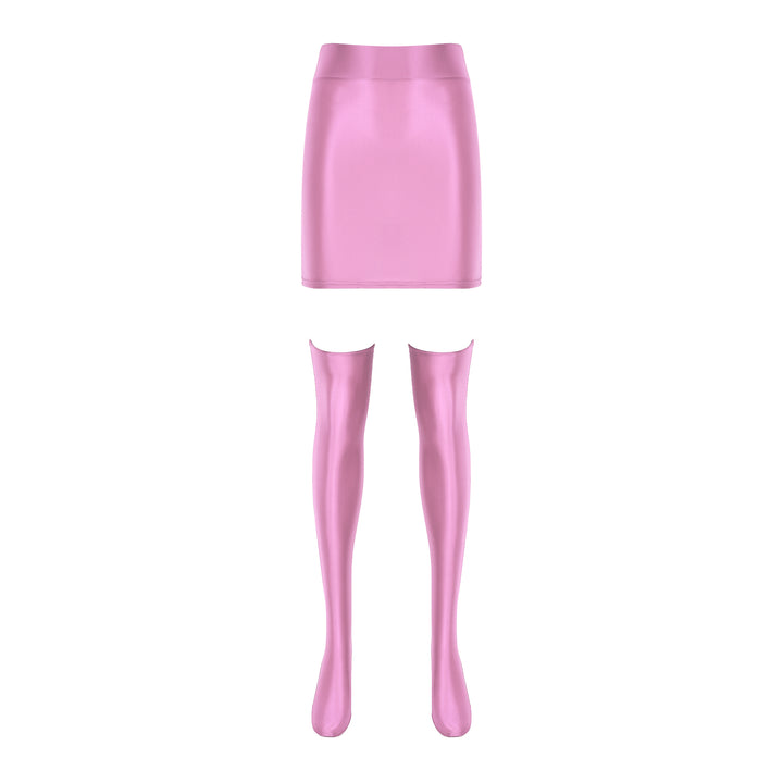Womens Glossy Nightclub Outfit Shiny High Waist Mini Skirt with Stockings Set Rave Party Cheer Booty Workout Pole Dance Clubwear