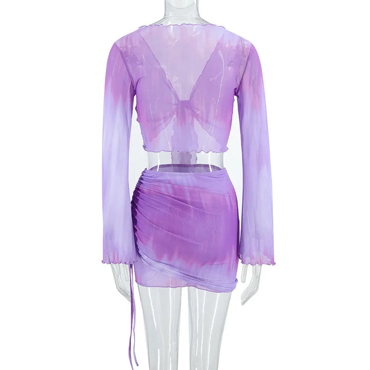 Fashion V-Neck Flare Sleeve Tie Dye Tops Mini Skirt Suit Women Mesh Tees Lace Up Skirts New Summer Female 2 Piece Set Outfits