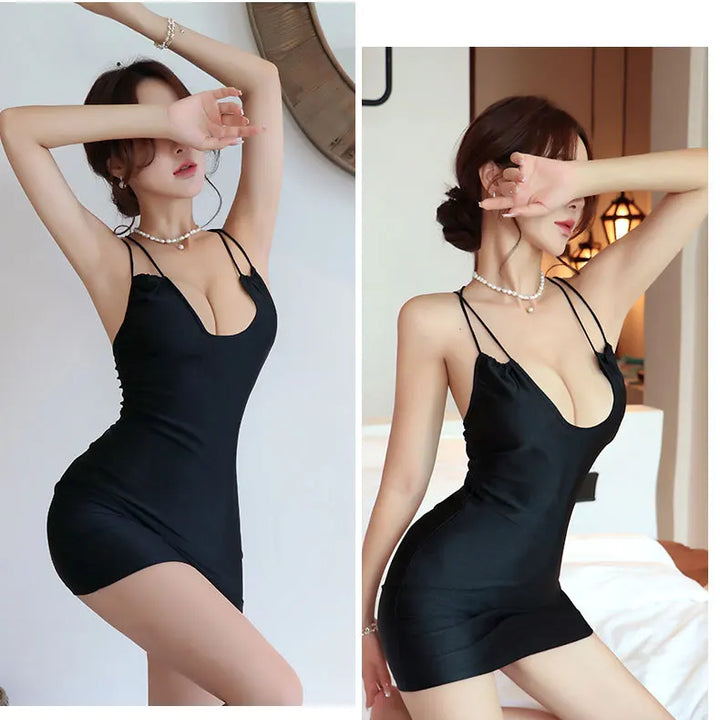 Summer sexy backless Dress Set deep V-belt pleated buttocks skirt uniform temptation nightclub secretary outfit evening Dresses