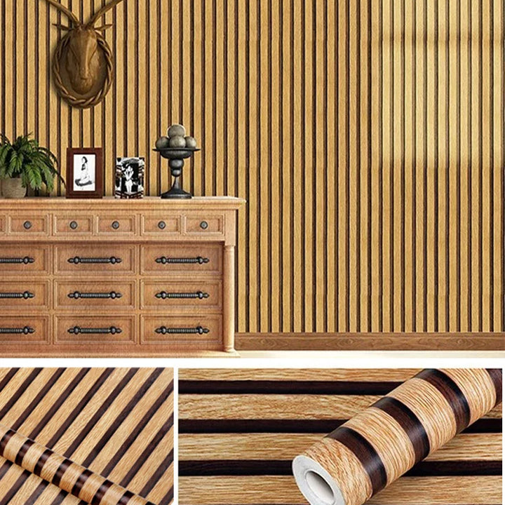 Brown pvc grille wood grain peeling imitation wood wallpaper self-adhesive detachable bedroom living room striped contact paper