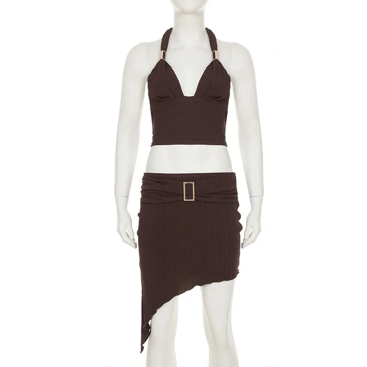 Purple Skirts Two Piece Sets Summer Holidays Party Outfits 2025 New Sexy Halter V-neck Tops and Irregular Mini Skirts Suits