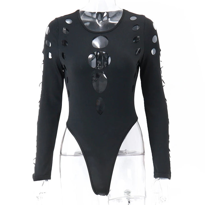 Candyhot Sexy Dot Hollow Out Bodysuit Y2K Gothic Punk Long Sleeves Bodycon T-shirt Women Autumn Streetwear Slim Bodice Bodysuits
