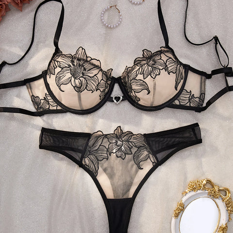 Elegant Black Sexy Nighty Underwire Bra Underwear Set Party Club Night Women Chef Ultrathin Underwear set