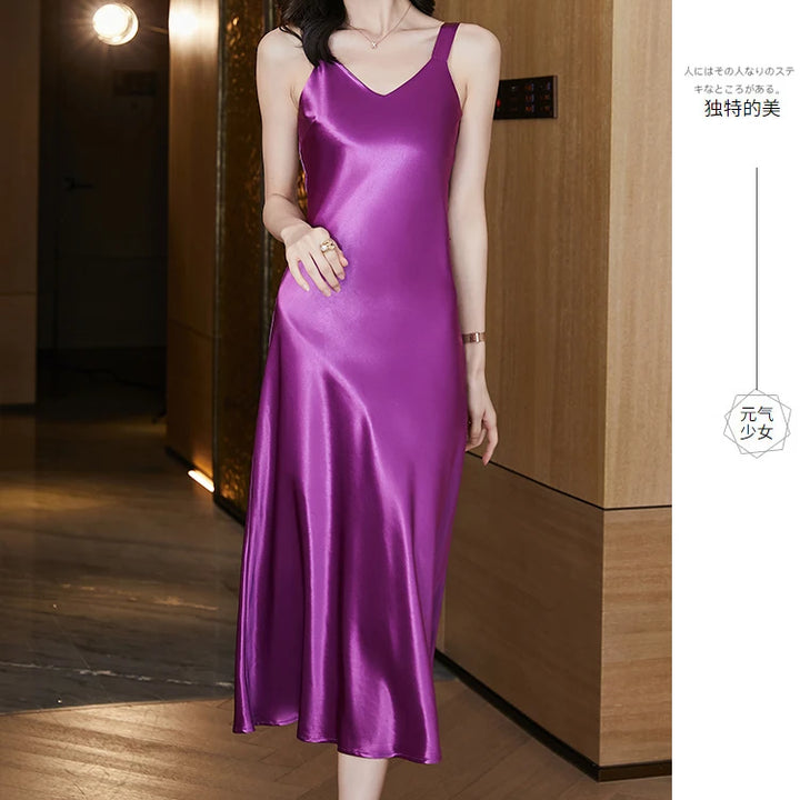 #4938 Sleeveless Spaghetti Straps Midi Satin Dress Women Solid Color V-neck Sexy A-line Party Dresses Women Evening Summer 2024