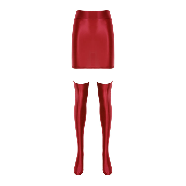 Womens Glossy Nightclub Outfit Shiny High Waist Mini Skirt with Stockings Set Rave Party Cheer Booty Workout Pole Dance Clubwear
