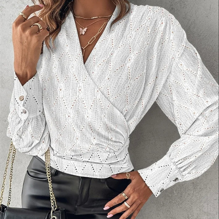 Sexy V Neck Long Sleeve Shirts Blouses Office Ladies Spring Summer Fashion Elegant Solid White Blouse For Women 2025 Female Tops