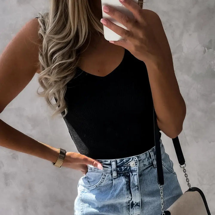 Women Tank Top Ribbed Sleeveless Skinny V Neck Summer Streetwear Knitted Female Basic Casual Camisole T-Shirt Ladies Clothes