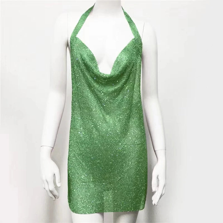 New European and American women's clothing, metal sequins, rhinestone suspender, sexy party, sweet and spicy style dress
