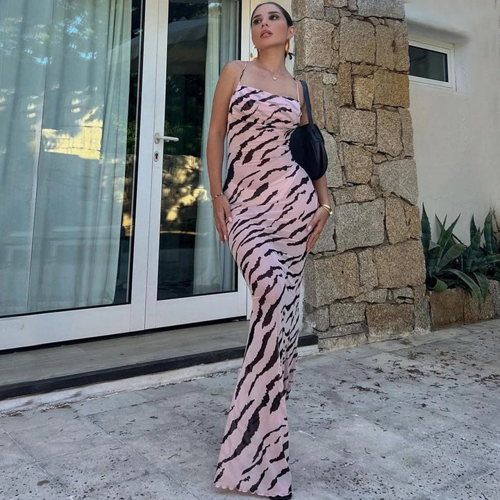 DGLUKE Zebra Long Beach Dress Cover-Up Sexy Transparent Mesh Maxi Dress Cut Out Bodycon Summer Holiday Vacation Dress Women 2024