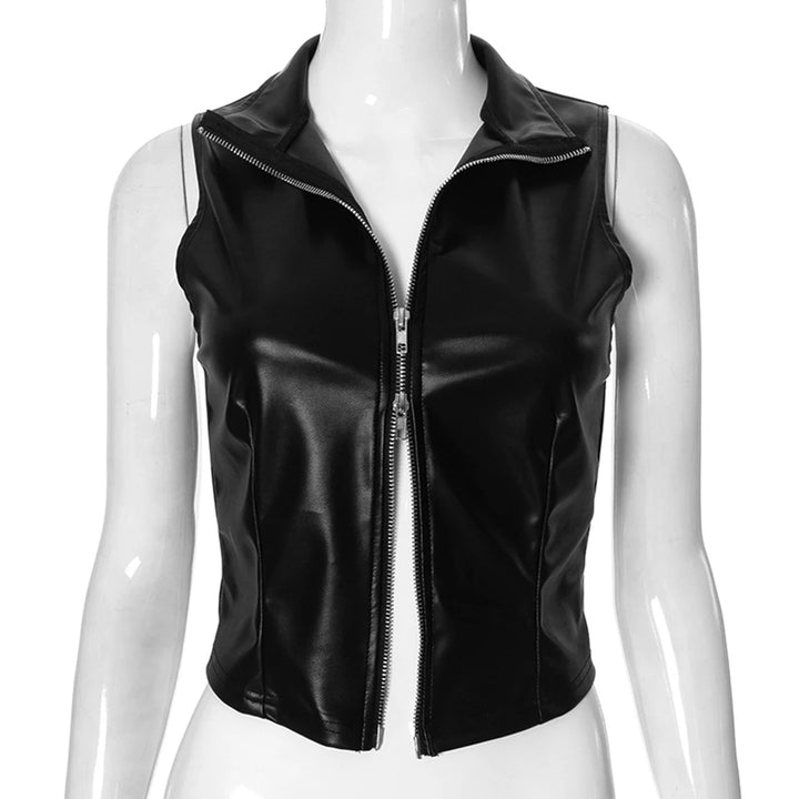 Fashionable Temperament Solid Color PU Leather Splicing Stand Up Collar Sexy Backless Zipper Exposed Navel Slim Fit Vest