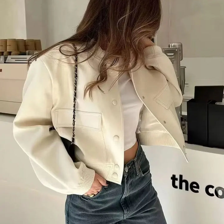 TRZA Women Fashion With Pockets Bomber Jacket Coats Vintage Long Sleeve Front Button Casual Female Outerwear Chic Tops