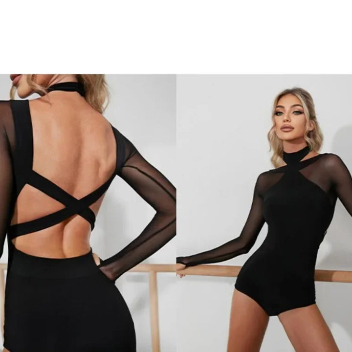 Women Latin Dance Body Top Black Mesh Conjoined Backless Cross Belt Pair It with Dance Dress Lingerie Training Performance