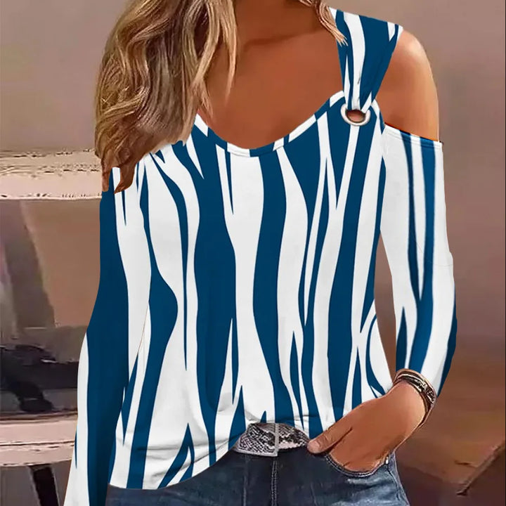 Fashion Woman Blouse 2023 Spring Denim Look Print Cold Shoulder Eyelet Casual Long Sleeve Daily T-Shirt Top Y2K Clothes