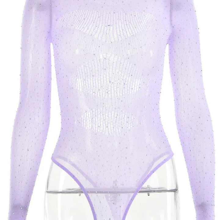 Fantoye Sexy Mesh Transparent Long Sleeve Skinny High Stretch Hollow Out Solid Thin Female Bodysuit Club Wear New Hot