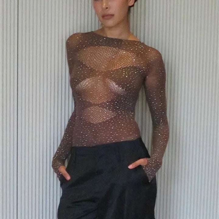 Fantoye Sexy Mesh Transparent Long Sleeve Skinny High Stretch Hollow Out Solid Thin Female Bodysuit Club Wear New Hot