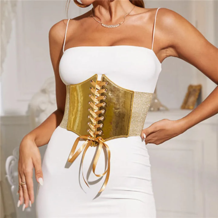 Goth Gothic Clothing Underbust Corset Women Belts Elastic Wide Bright Leather Golden Corsets For Waist Trainer