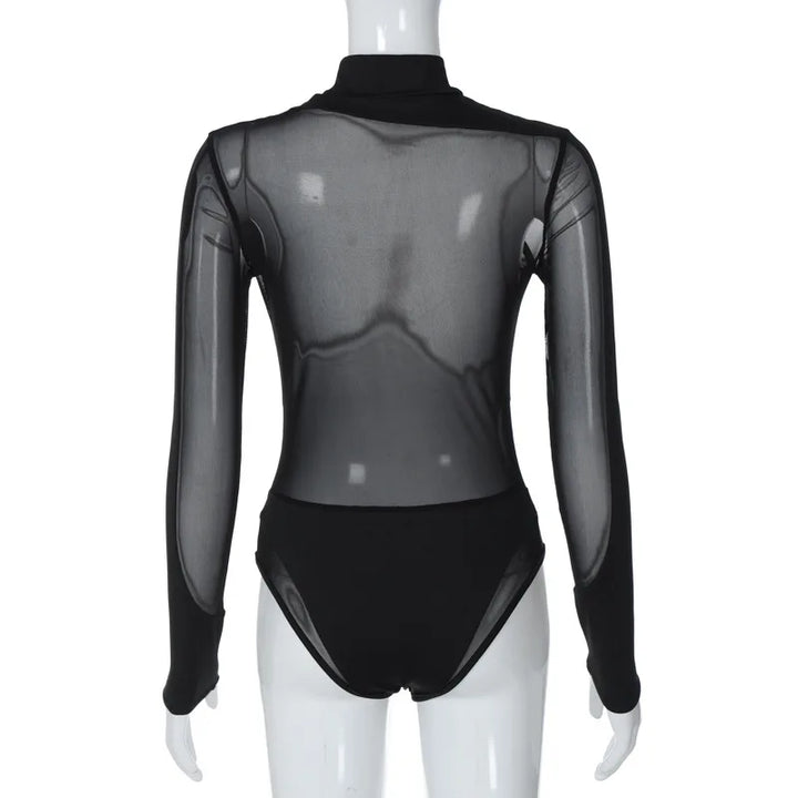 Women Sexy Sheer Mesh Bodysuit Street Clubwear Long Sleeve Turtleneck Patchwork Slim Fit Leotard Tops Fashion Bodysuits