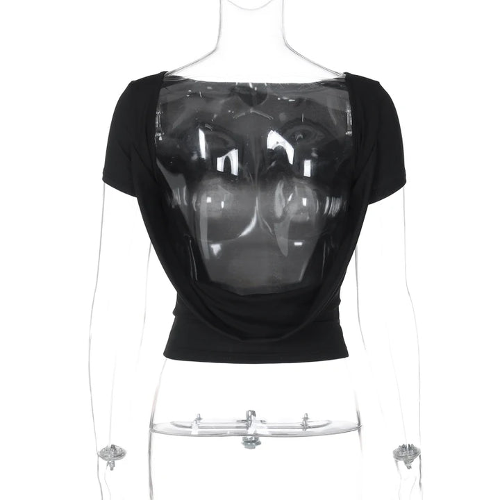 Hugcitar 2024 Spring Short Sleeve Backless Transparent Slip Sexy Slim Crop T-Shirt Top Women Fashion Clothes Vacation Nightclub