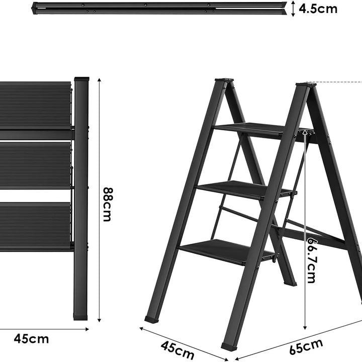 Aluminium 3-4 Step Ladder with Wide Steps Lightweight Folding Ladder Portable Slim Step Stool Safety Household Ladder Stepladder