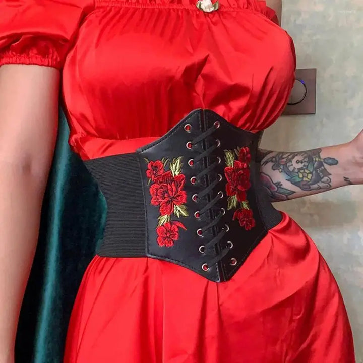 UYEE Punk Bembroidery Pendant Corset For Women Wide Belts Gothic PU Leather Cummerbund y2k Girl Slimming Waistband Female