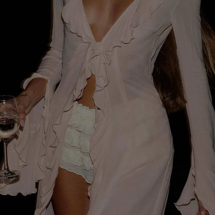 OIINAA Ruffle Bikini Cover-Ups Women Beach Cover Up Elegant Long Sleeve Lace Up Summer Solid Fashion Female Holiday Beachwear