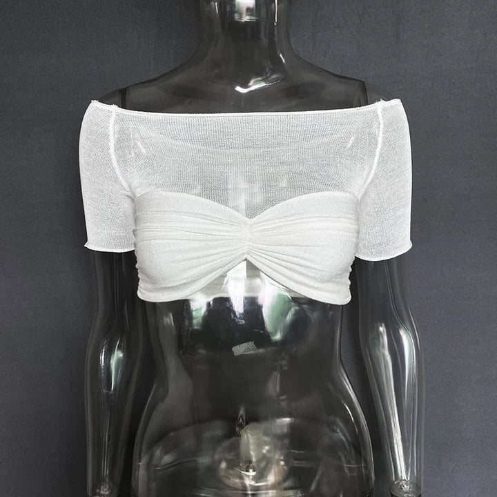 Mozision See Through Mesh Crop Top Women Pullovers Strapless Short Knit Cropped Tops Ladies Tee Shirt Sexy Off-shoulder T-shirt