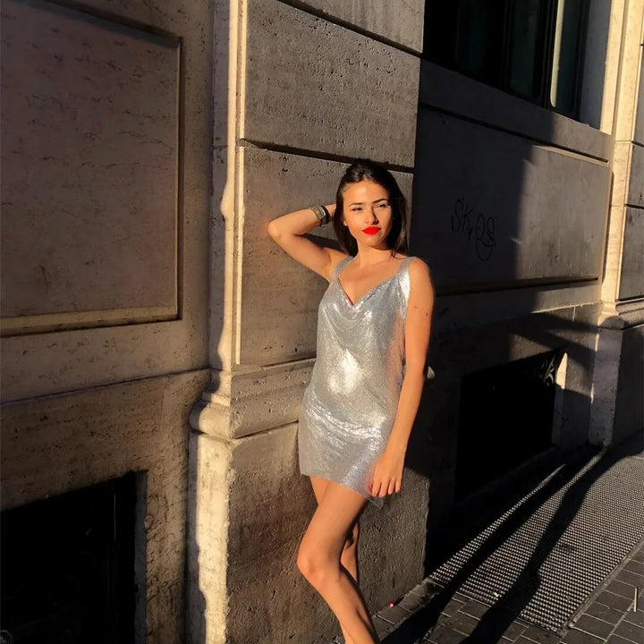 Glitter Metal Sequins Mini Dress Women Sexy Deep V Neck Backless Side Split Dress Rave Festival Nightclub Party Evening Dresses