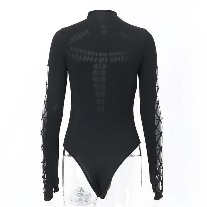Candyhot Sexy Hollow Out High Collar Bodysuit Bodycon Y2K Long Sleeves Fashion T Shirts Women Gothic Punk Streetwear Bodysuits
