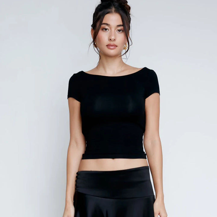 Hugcitar 2024 Spring Short Sleeve Backless Transparent Slip Sexy Slim Crop T-Shirt Top Women Fashion Clothes Vacation Nightclub